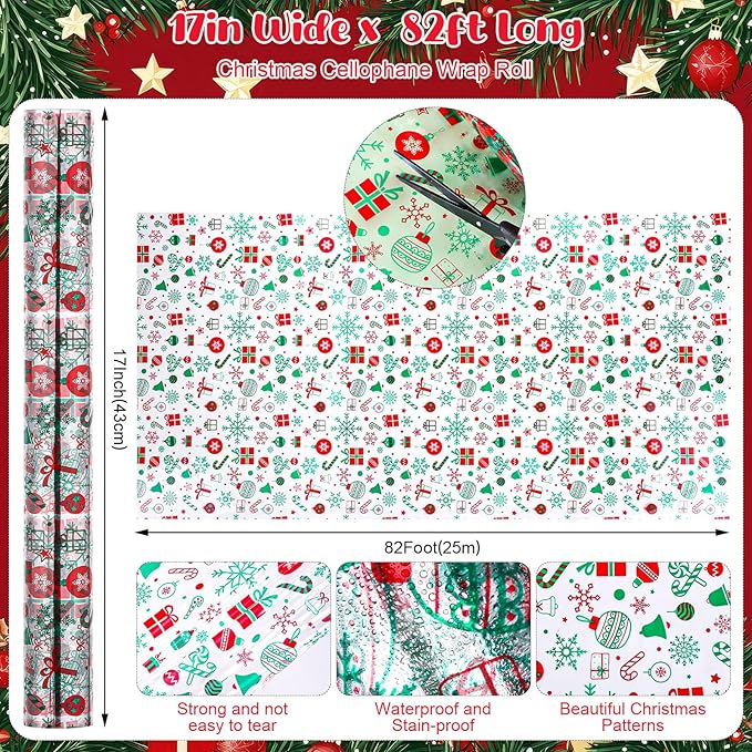 woric Cellophane Wrap for Gift Baskets 17in x 82 Ft Christmas Cellophane Wrap Roll Gift Basket Wrapping Plastic for Gift Wrapping Treats Party Favors Christmas Decoration
