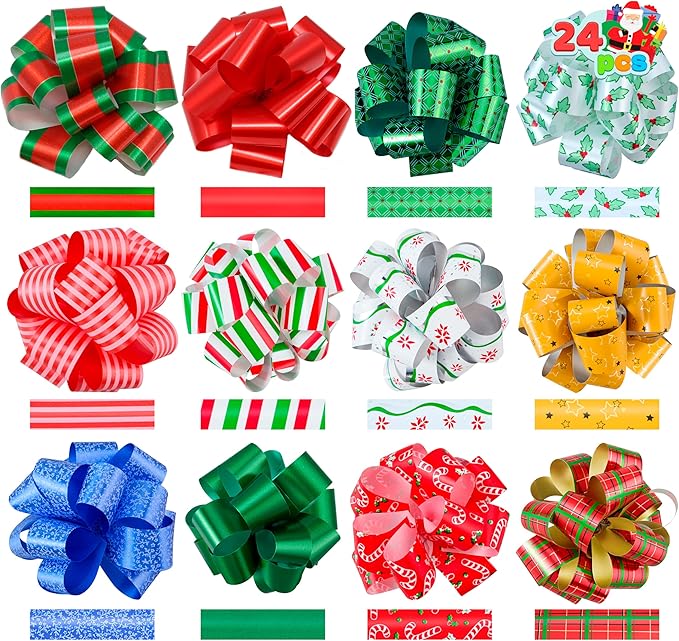 JOYIN 24 PCS Christmas Wrap Ribbon Pull Bows (5" Wide); Easy and Fast Gift Wrapping Accessory for Presents, Bows, Baskets, Wine Bottles Decoration, Xmas Gift Wrapping and Decoration Present