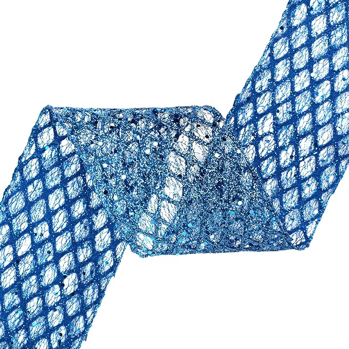VATIN 4" Blue Christmas Ribbon, Blue Glitter Mesh Diamond Web Sequin Dots Wired Christmas Ribbon for Gift Wrapping Bow Making Wreath Supply-10 Yards