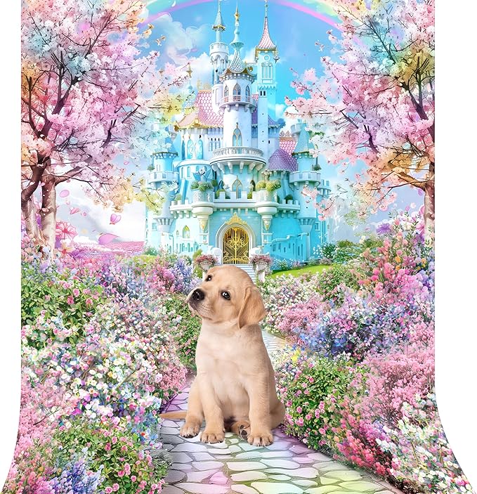 Riyidecor Princess Castle Backdrop Spring Pink Sakura Rainbow Colorful Floral 5Wx7H Feet Fairy Tale Wonderland Photography Background bridal shower wedding birthday Photo Studio Shoot Polyester Fabric