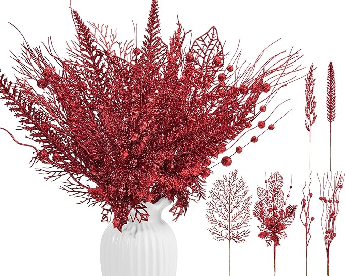 30 Pcs Artificial Christmas Tree Picks and Sprays Glitter Berry Stem Branches Holly Floral Picks Twigs Christmas Tree Ornaments for DIY Xmas Wreath Vase Filler Decorations(Red)