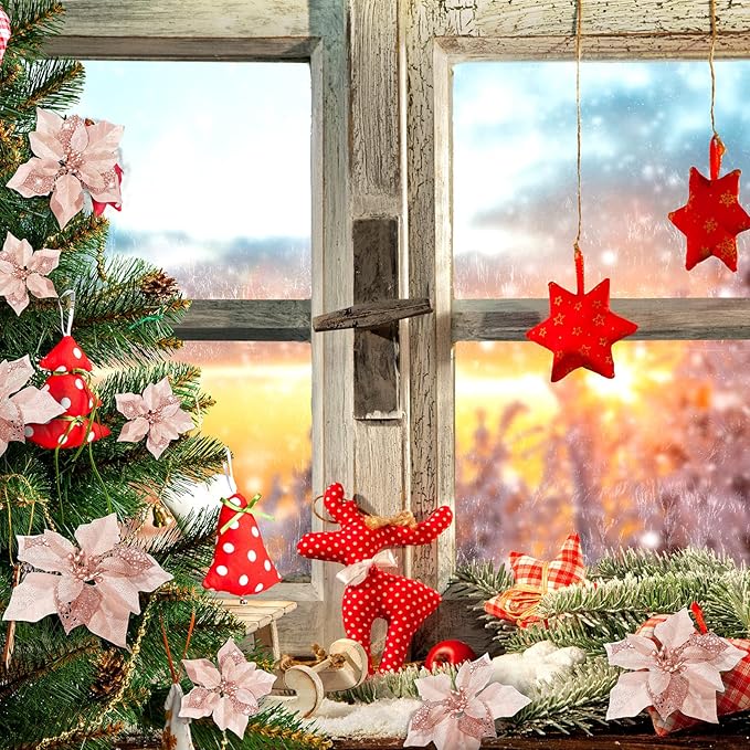 WILLBOND 36 Pieces Christmas Poinsettia Glitter Faux Flowers Christmas Artificial Flowers Tree Ornaments Topper Xmas Decorations(Rose Gold)