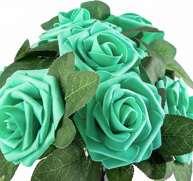 Artificial Flower Foam Rose 25pcs Real Looking Fake Rose with Stems Leaves for Home Decoration Party Garden Centerpieces DIY Wedding Bouquets（Tiffany）