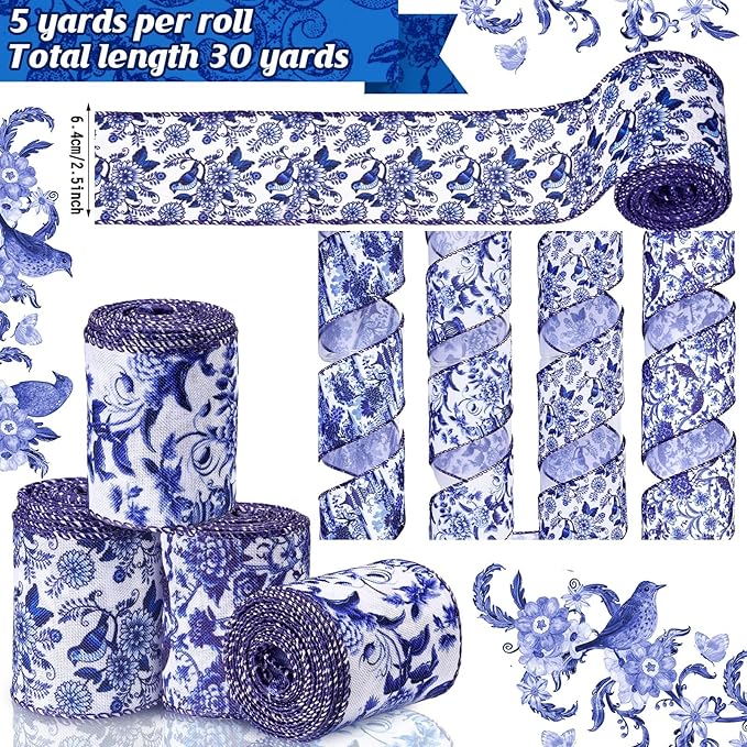 Lyrow 6 Rolls Chinoiserie Ribbon White and Blue Wired Edge Floral Ribbon Butterfly Flower Pattern Fabric Craft Wreath Bow Wrapping for Home Christmas Birthday Party Decor 2.52 Inches by 5 Yards