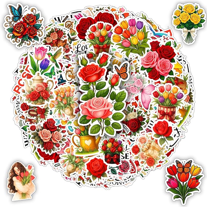 115 PCS Rose and Tulip Stickers Pack, Floral Watercolor Vinyl Waterproof Decals with Roses Tulips Hummingbirds Butterflies, Gift for Teens Adults Laptop Water Bottle Scrapbook