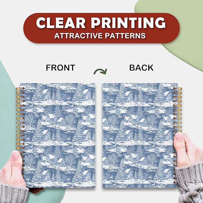 VIIJJUE Chinoiserie Christmas Cottage Notebook for Women, Blue and White Christmas Winter Reindeer Cabin Journal, Toile de Jouy Farmhouse Xmas Hardcover Spiral Notebooks, 5.5x8.3 Inch