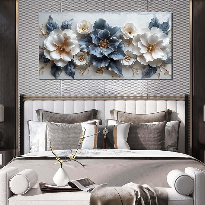 Blue and White Flower Pictures for Living Room Teen Bedroom Decor for Girls Wall Art for Women Office Decor Size 24" x 48"