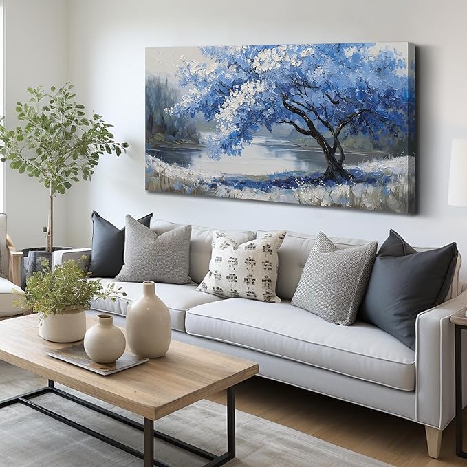 JuhaiArt Blue Wall Art White Picture Art Scenery Wall Decor Tree Wall Art Canvas for Living Room Bedroom Home Office Prints Gray Artwork 24" x 48"