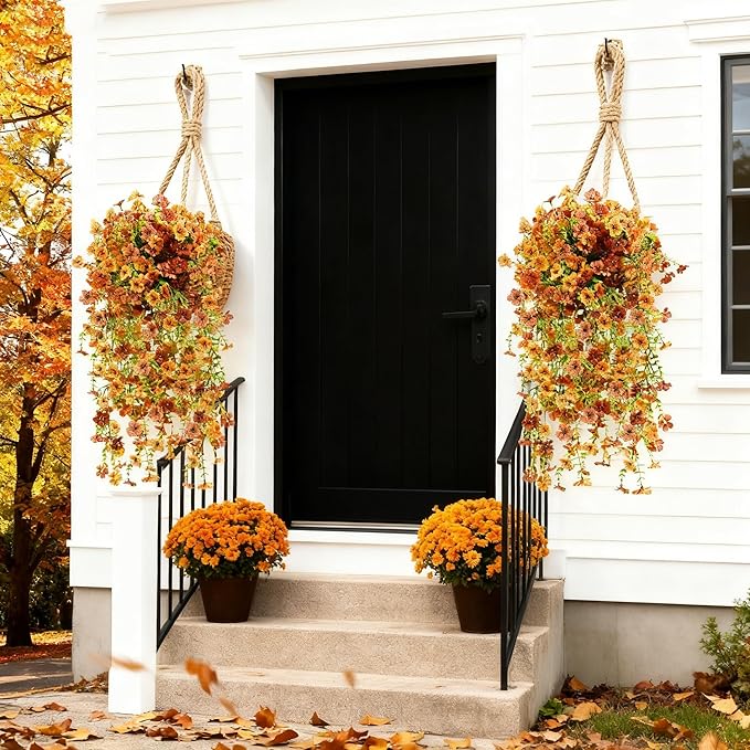 NASAMA 2PCS UVresistant Silk Artificial Flowers Realistic Daisies Hanging Porch Courtyard Window Display Store Garden Decoration Festival Outfit (Green Orange Brown)