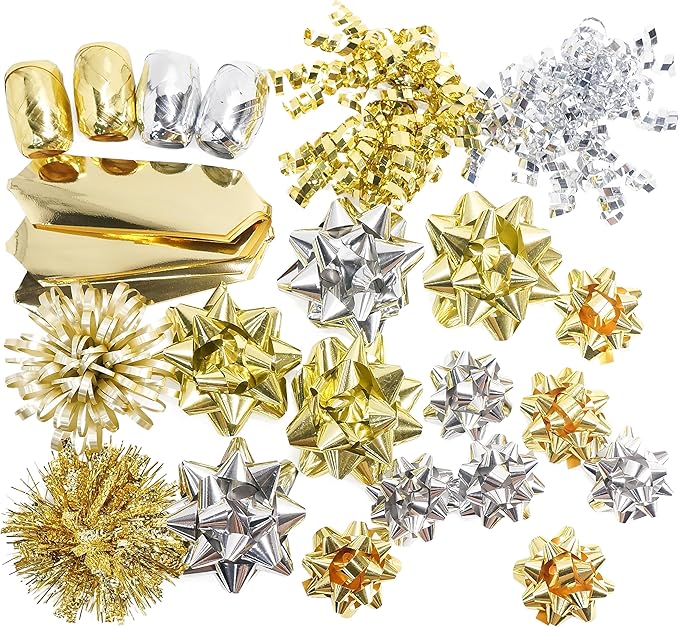 CT CRAFT LLC Gift Bows 22 PCS Set Multi Colored Assorted - Bow x 18 pcs + Kegg Roll x 4 pcs - Silver/Gold, Holiday Christmas Birthday Party Wrapping