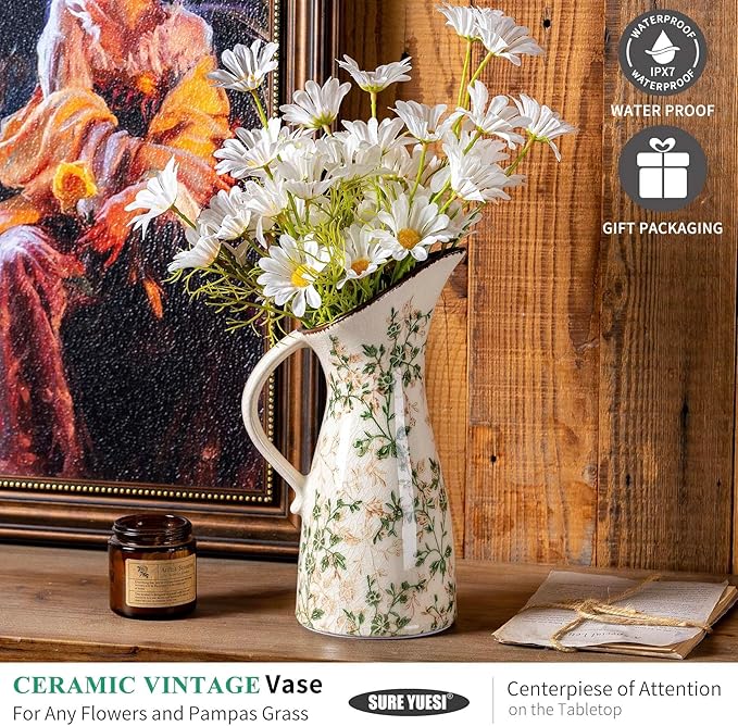 Vintage Ceramic Pitcher Vase with Handle, Farmhouse Green and Beige Large Floral Vases, Chinoiserie Decorative Vase, Rustic Table Centerpiece for Home Decor Living Room, Bookshelf, Office 10.5 Inch