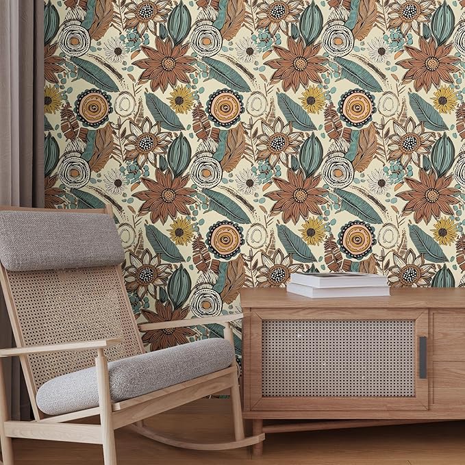 Boho Wallpaper Peel and Stick,Vintage Floral Contact Paper 17.5" x 118", Retro Botanical Flowers Wall Paper Self Adhesive Removable Waterproof for Walls Shelves Cabinet Table (Beige,Brown, Blue)