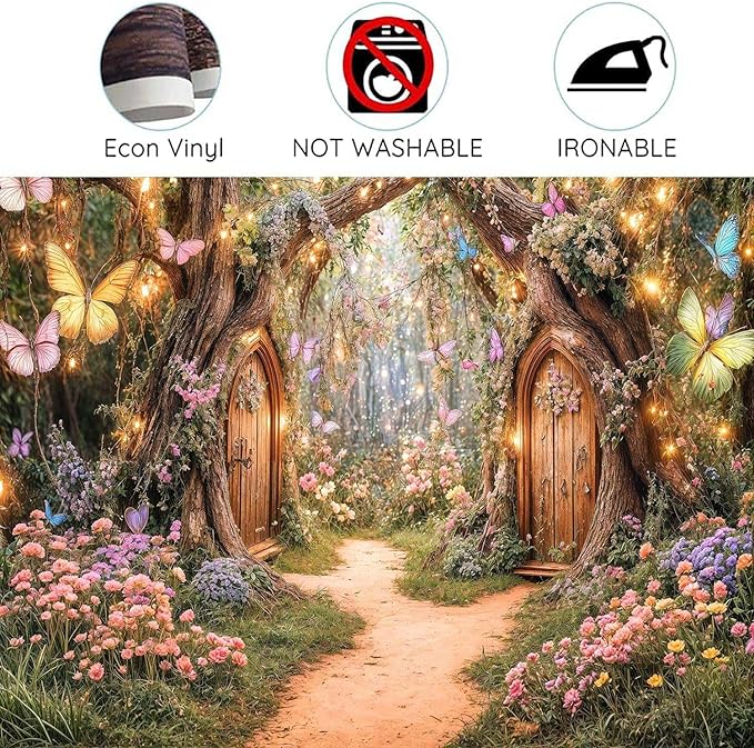 5X3ft Enchanted Forest Backdrop Fairy Tale Magic Garden Wonderland Floral Butterfly Photography Background for Kids Girls Baby Shower Birthday Party Decoration Cake Table Photo Booth Props