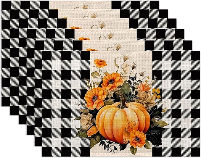 Pumpkin Plaid Placemats Set of 6,Washable Heat Resistant 12×18 Inch Linen Table Mats Fall Place Mats for Party Outdoor Dining Décor