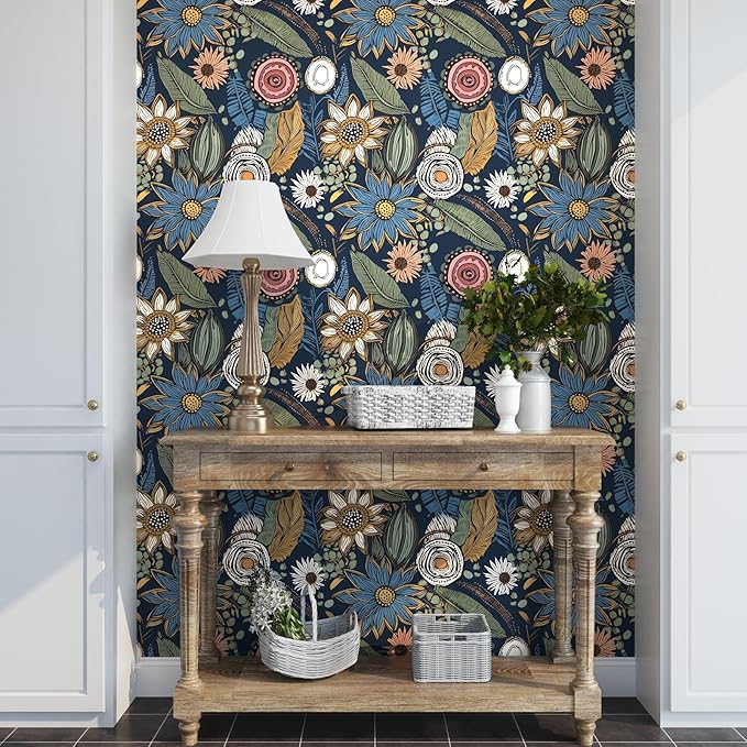Blue Wallpaper Peel and Stick,Vintage Boho Floral Contact Paper 17.5" x 118", Retro Botanical Flower Wall Paper Self Adhesive Removable Waterproof for Walls Shelves Cabinet Table (Blue,Yellow, Green)