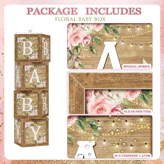 Baby Shower Decoration for Girl, Pink Rose Gold Baby Shower Party Supplies, Floral Gender Reveal Party Decor, Baby Boxes, Mom to Be Sash and Dad to Be Pin, Pink Balloon Arch Backdrop Tablecloth