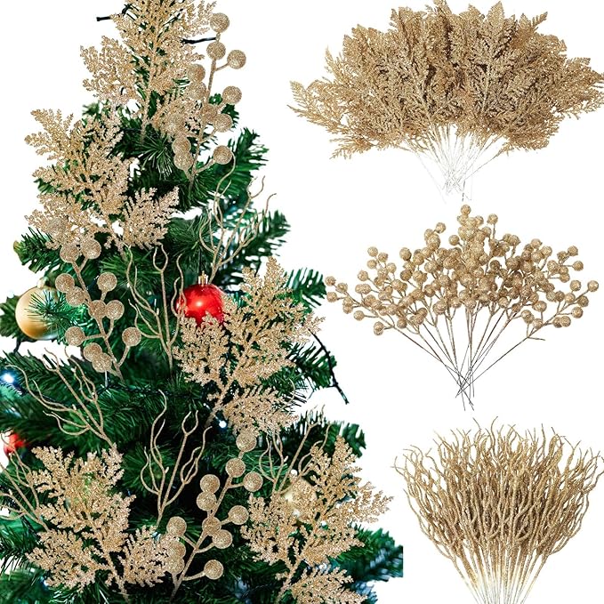 75 Pcs Christmas Glitter Branches 3 Styles Artificial Christmas Picks Berries Stems Pine Needles Floral Twig Spray for Xmas Tree Ornaments DIY Wreath Garland(Light Gold)