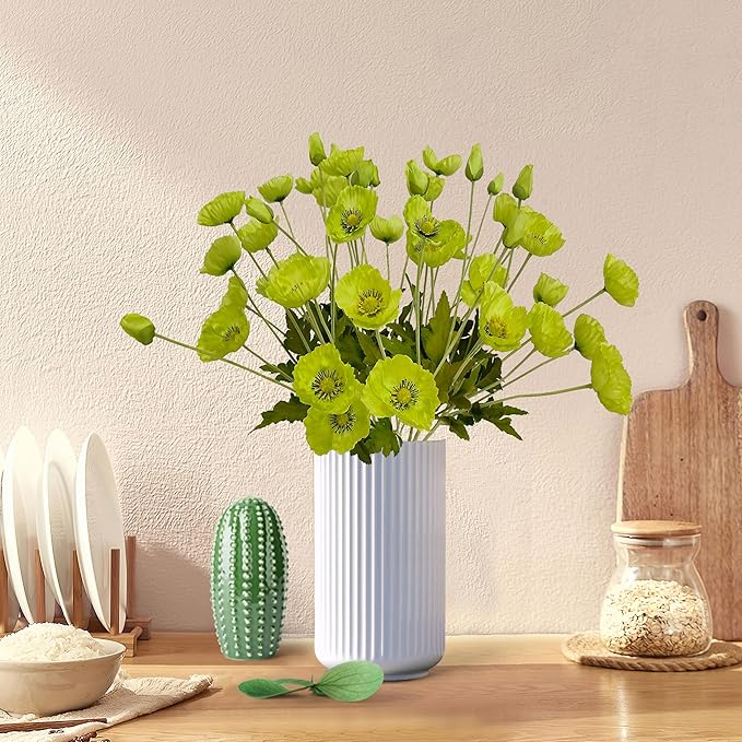 ATFL Green Poppy Flowers Artificial Bouquet for Wedding,12 Pcs Fake Faux Silk Poppies Bulk for Home Decor Table Centerpieces Floral Arrangement(23.5‘’, Green)