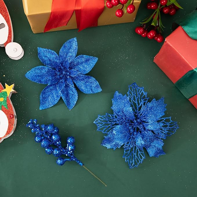24Pcs Royal Blue Glitter Poinsettia Christmas Tree Ornaments and Glitter Berries Stems, 16Pcs Christmas Artificial Flowers and 8 Pack Christmas Tree Picks for Wedding Holiday Decorations