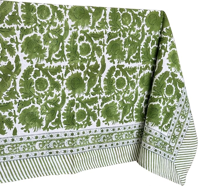 ATOSII Paradise Green 100% Cotton Rectangle Summer Tablecloth, Handblock Floral Print Linen Table Cloth for Kitchen Dining I Parties, Weddings, Outdoors, Decor 60 X 90 Inches