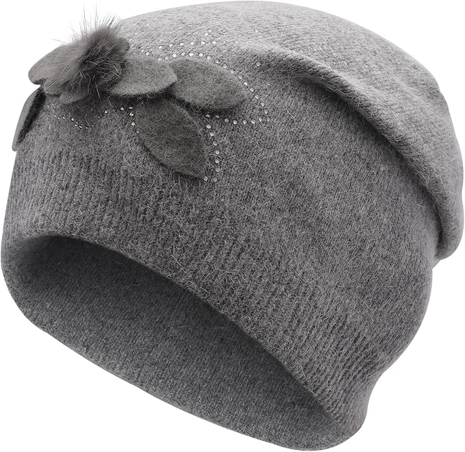 ZLYC Women Floral Slouchy Beanie Hat Double Layer Winter Knit Skull Cap