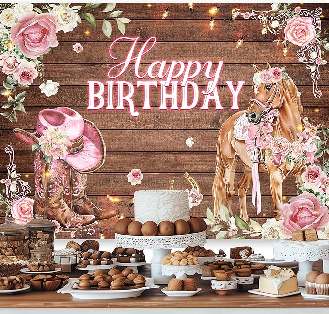 SVBright Cowgirl Birthday Backdrop for Women， Western Horse Barn Door，Pink Rose Flowers Farmhouse Rustic，Natural Wildflower Wood Boot Hat Decorations Photography Background Banner Photo Studio 7Wx5H