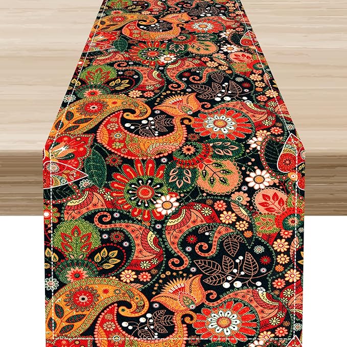 Vintage Paisley Table Runner, Colorful Retro Damask Antique Floral Flower Boho Damask Swirled Print Table Center Decor for Family Kitchen Table Decorations Indoor Outdoor 13x36 inch