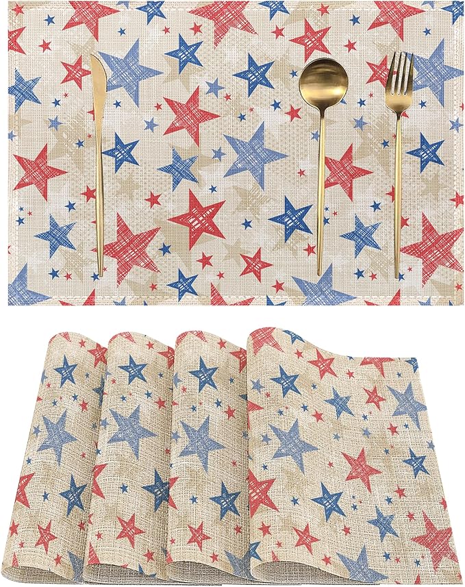 Patriotic Placemats Set of 4, Colorful American Stars Linen Place Mats Heat Resistant Non-Slip Washable Table Mats for Dining Kitchen Party Decor 12"x18"