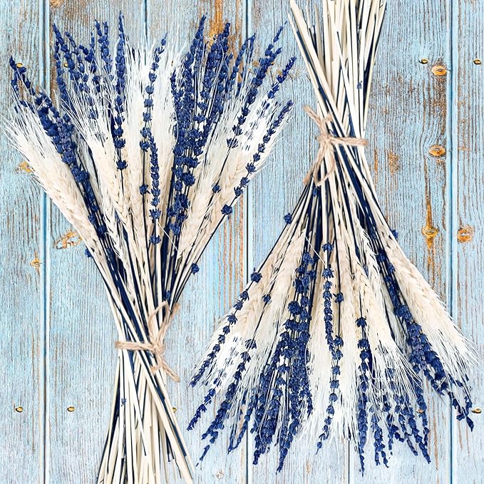 Dried Lavender & Wheat Flowers Bundle - 17'' Real Fresh Preserved Lavender Flowers and White Wheat Plants Bouquet Hand Tied Fall Wedding, Fragrance Home Vase Decor, Bohemian Arrangements, 2 Bundles