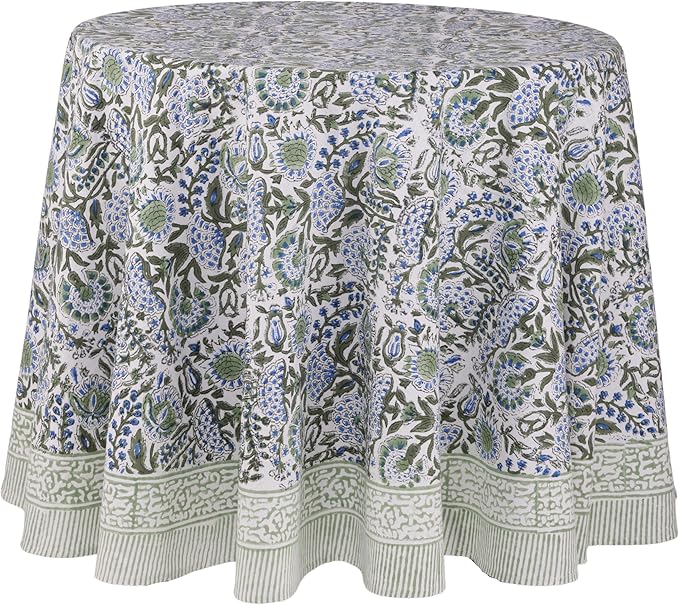 ATOSII Clover Blue 100% Cotton Round Boho Fall Tablecloth, Handblock Floral Table Cloth Linen for Kitchen Dining I Parties Outdoors Christmas Thanksgiving Fall Home Decor 72" Inches Round I 4-6 Seater