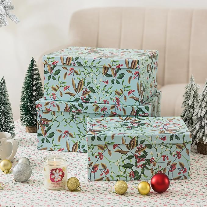 Soul & Lane Winter Berries Cardboard Boxes - Set of 3: Decorative Storage Boxes with Lids, Paper Mache Cardboard Nesting Containers, Christmas Winter Photo Cartons, Stacking Gift Wrap Storage