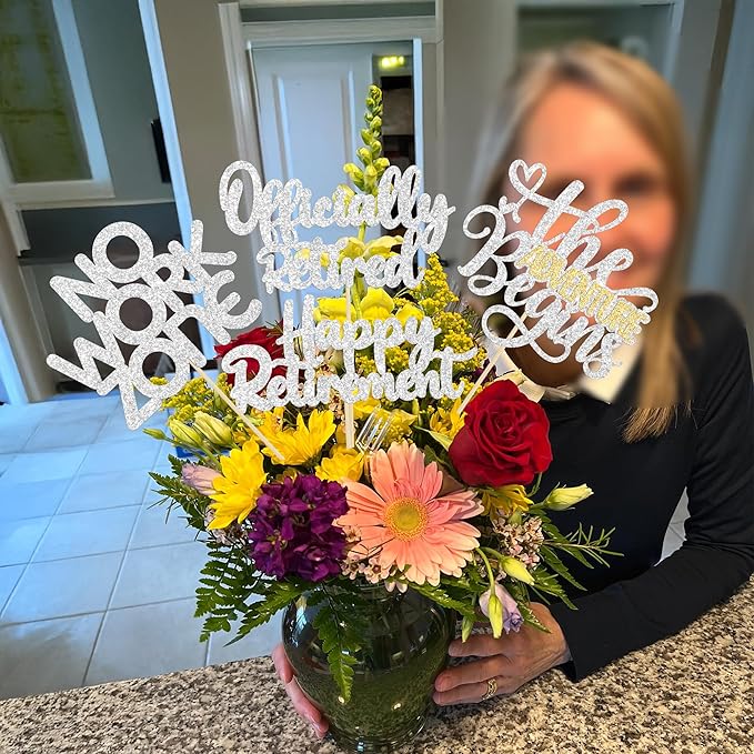 Ephlyn 16Pcs Happy Retirement Centerpiece Sticks Officially Retired Table Flower Centerpieces Sticks No Work Zone Floral Decorations for Farewell Birthday Party Centerpieces Supplies Silver