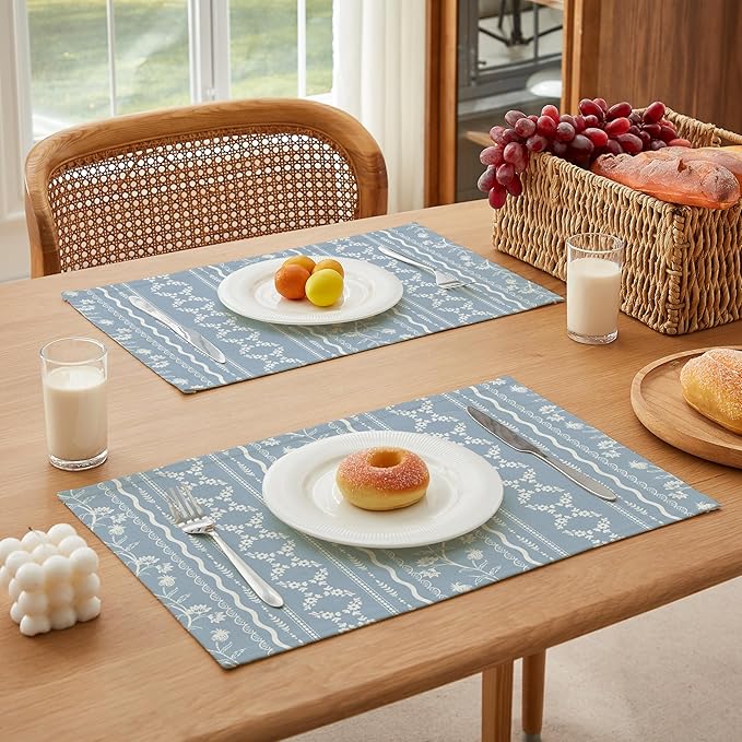 LilyCat Linen Fabric Blue Floral Placemats, Stripes Durable Boho Dining Table Mats for Kitchen, Rustic Vintage Washable Place Mats Set of 4, 18’’× 12’’