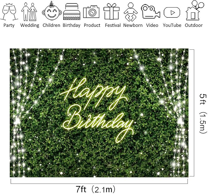 Riyidecor Green Happy Birthday Backdrop Polyester Fabric for Woman Grass Neon Leaf Rustic Spring Leaves Plant Botanical Nature 7Wx5H Feet Lights Photography Background Birthday Photo Studio Shoot