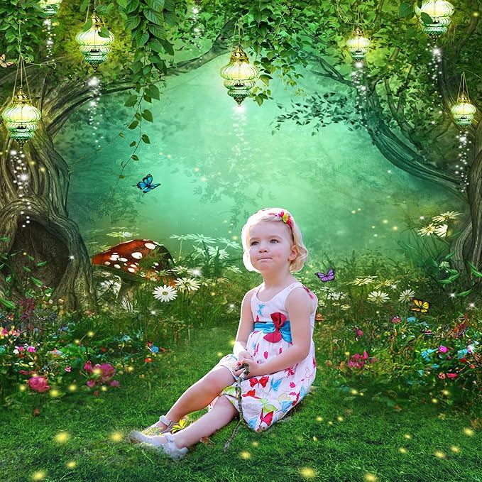 Riyidecor Enchanted Backdrop Polyester Fabric Wonderland Green Fairy Tale Butterfly Woodland Spring 6Wx8H Feet Dream Mushroom Photography Background Baby Shower Birthday Photo Studio Shoot