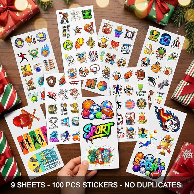 100 PCS Sports Collage Stickers Pack, Vinyl Waterproof Decals of Soccer Basketball Baseball Tennis Football Hockey Bowling, Motivational Gift for Teens Adults Wall Laptop Water Bottle