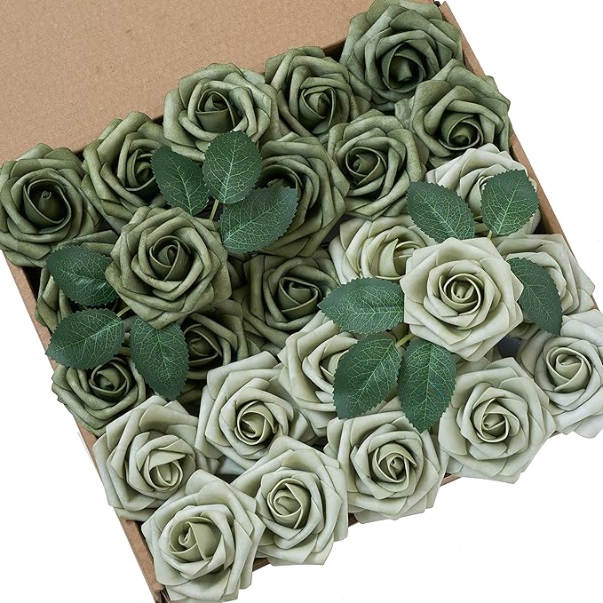 Artificial Flowers, 50pcs Realistic Rose for DIY Wedding Bouquets Centerpieces Arrangements, Sage Green Foam Flowers with Stem Bridal Shower Party Home Decorations