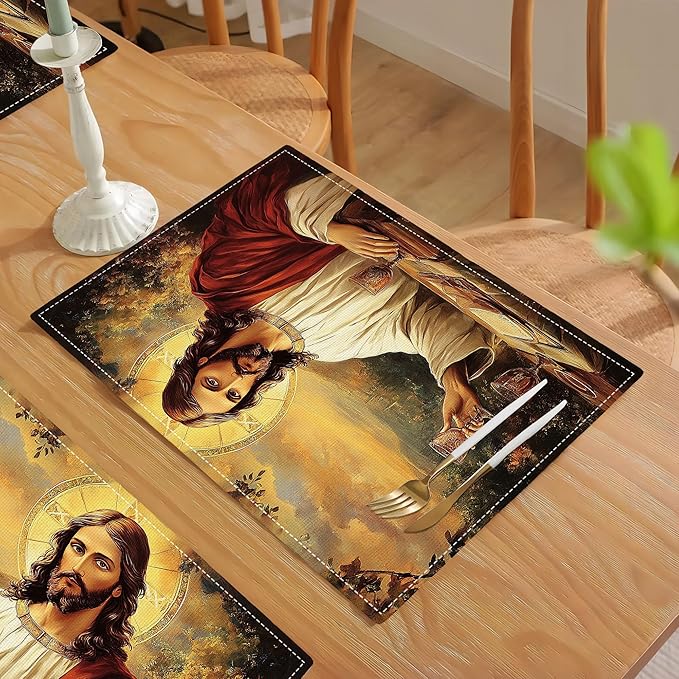 Christian Jesus Placemats Set of 4 Christian Gift Religious Jesus Christ Faith Place Mat Machine Washable Place Mats for Dinner Table Mats 4 PCS