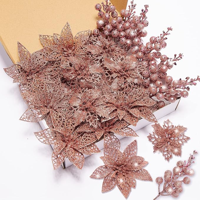 22Pcs Poinsettia Artificial Flowers and Glitter Berries Stems Kit, 16Pcs Christmas Tree Flowers Ornaments and 6 Pack Christmas Tree Picks for Wedding Holiday Decorations (Rose Gold)