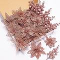 22Pcs Poinsettia Artificial Flowers and Glitter Berries Stems Kit, 16Pcs Christmas Tree Flowers Ornaments and 6 Pack Christmas Tree Picks for Wedding Holiday Decorations (Rose Gold)