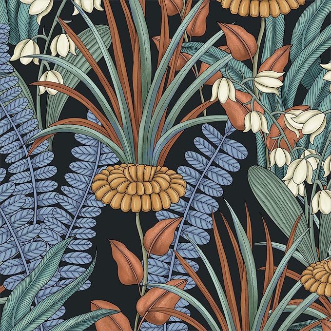 Boho Floral Peel and Stick Wallpaper Vintage Botanical Wallpaper, Self Adhesive Wall Mural 17.5" x 118" Tropical Rainforest Wall Paper for Bedroom Walls Cabinet (Black, Orange, Blue)