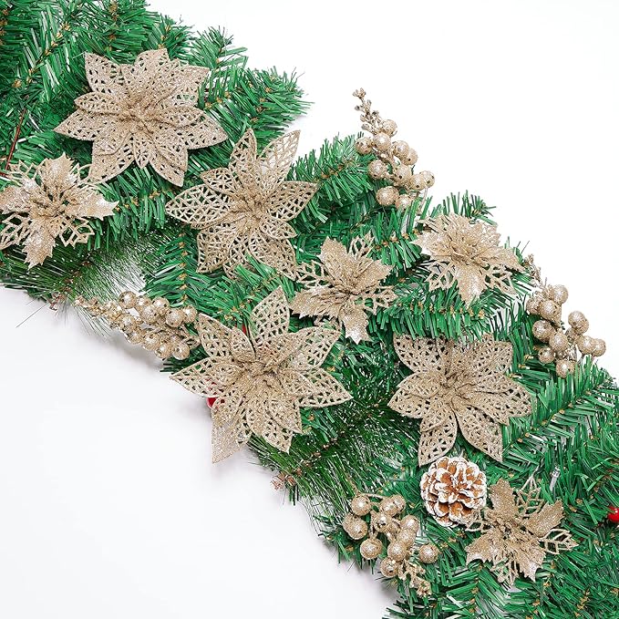 Zhuqing 22Pcs Christmas Poinsettia Artificial Flowers and Glitter Berries Stems Kit, 16Pcs Christmas Tree Flowers Ornaments and 6 Pack Christmas Tree Picks for Wedding Holiday Decorations (Champagne)