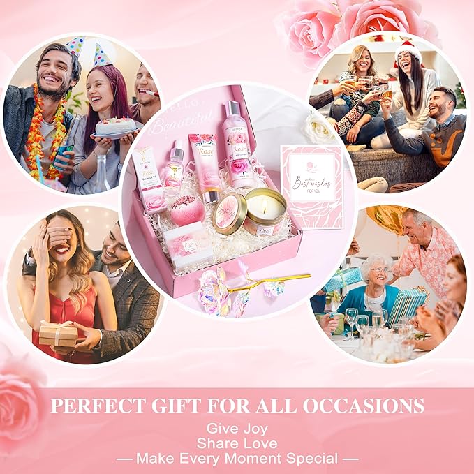 Gifts for Women, Happy Birthday Gifts for Women, Christmas Bath and Body Gifts for Woman with Unique Rose Self Care Gift, Home Spa Gift Basket for Mom, Girlfriend, Sister, Female Friends, Coworker