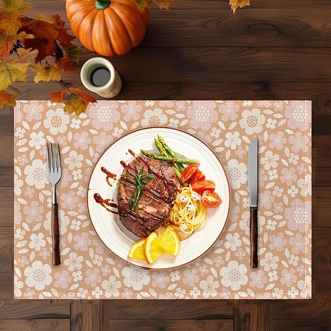 Spring Summer Flower Placemats Set of 6,Washable Heat Resistant 12×18 Inch Linen Table Mats Cute Floral Place Mats for Party Outdoor Dining Décor