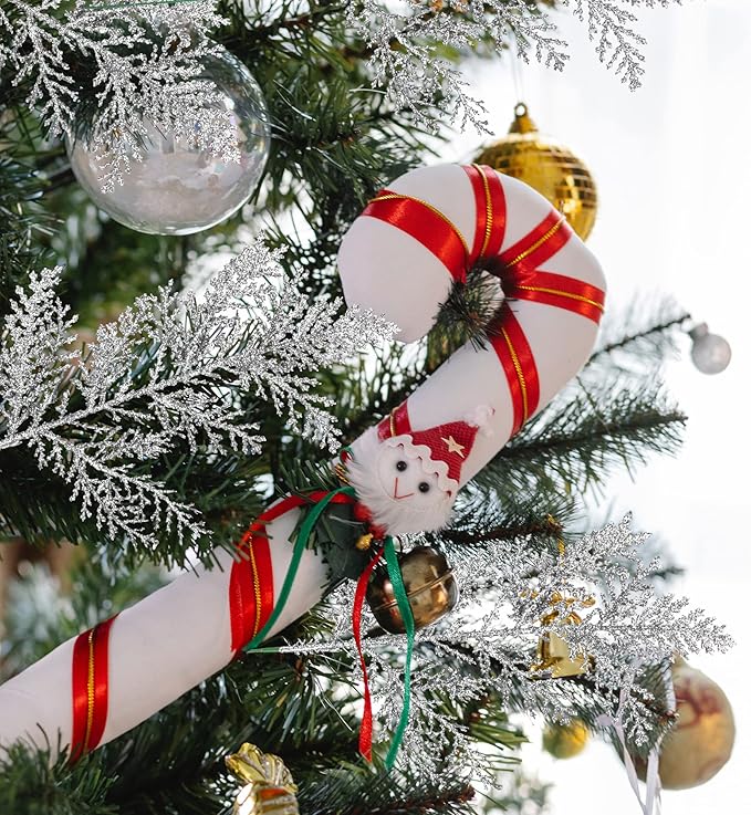 Watayo 30 PCS Glitter Artificial Pine Needles-10.6 Inch Fake Foliage Pine Stems Picks for DIY Garland Wreath Christmas Embellishing and Home Garden Decoration (Silver)