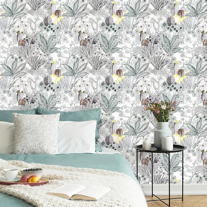 Wudnaye Gray Floral Peel and Stick Wallpaper Vintage Contact Paper 17.7 inch × 196.8 inch Self Adhesive Cactus Wall Paper Stick and Peel Flower Removable Botanical Wallpaper for Bathroom Boho
