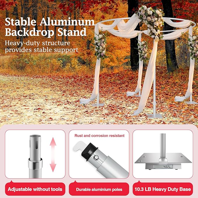 EMART Backdrop Stand Heavy Duty 10x10Ft, Round Pipe and Drape Photo Background Support Kit, Adjustable Metal Frame with Flat Base for Photography Wedding Birthday Party Decorations
