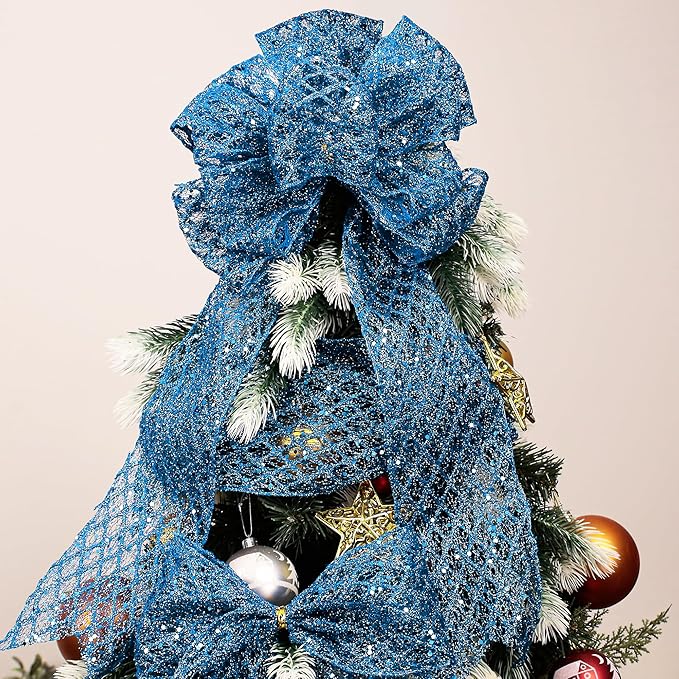VATIN 4" Blue Christmas Ribbon, Blue Glitter Mesh Diamond Web Sequin Dots Wired Christmas Ribbon for Gift Wrapping Bow Making Wreath Supply-10 Yards