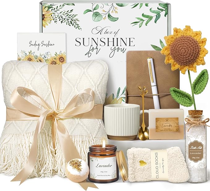 Gifts for Women, Best Friend Birthday Gifts, Get Well Soon Self Care Package Box, Sending Sunshine Sunflower Basket, Thinking of You Inspirational Christmas Gifts for Mom Her Sister Wife