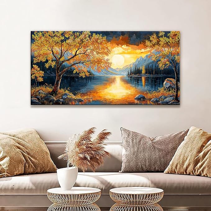 Canvas Art Wall Decor Modern Gold Tree River Landscape Wall Art Print For Bedroom Modern Office Art Prints Sunrise Landscape Print Paintings Pictures Artwork Aesthetic 20 X 40 In
